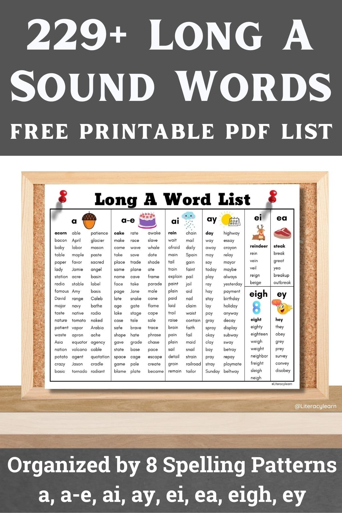 Corkboard image with list pinned to it. Text saying "229+ Long A Sound Words."