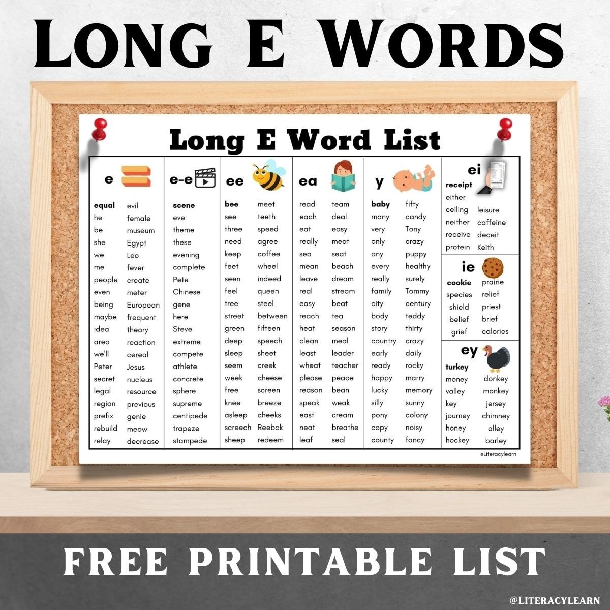 Corkboard graphic featuring Long E vowel sound words.