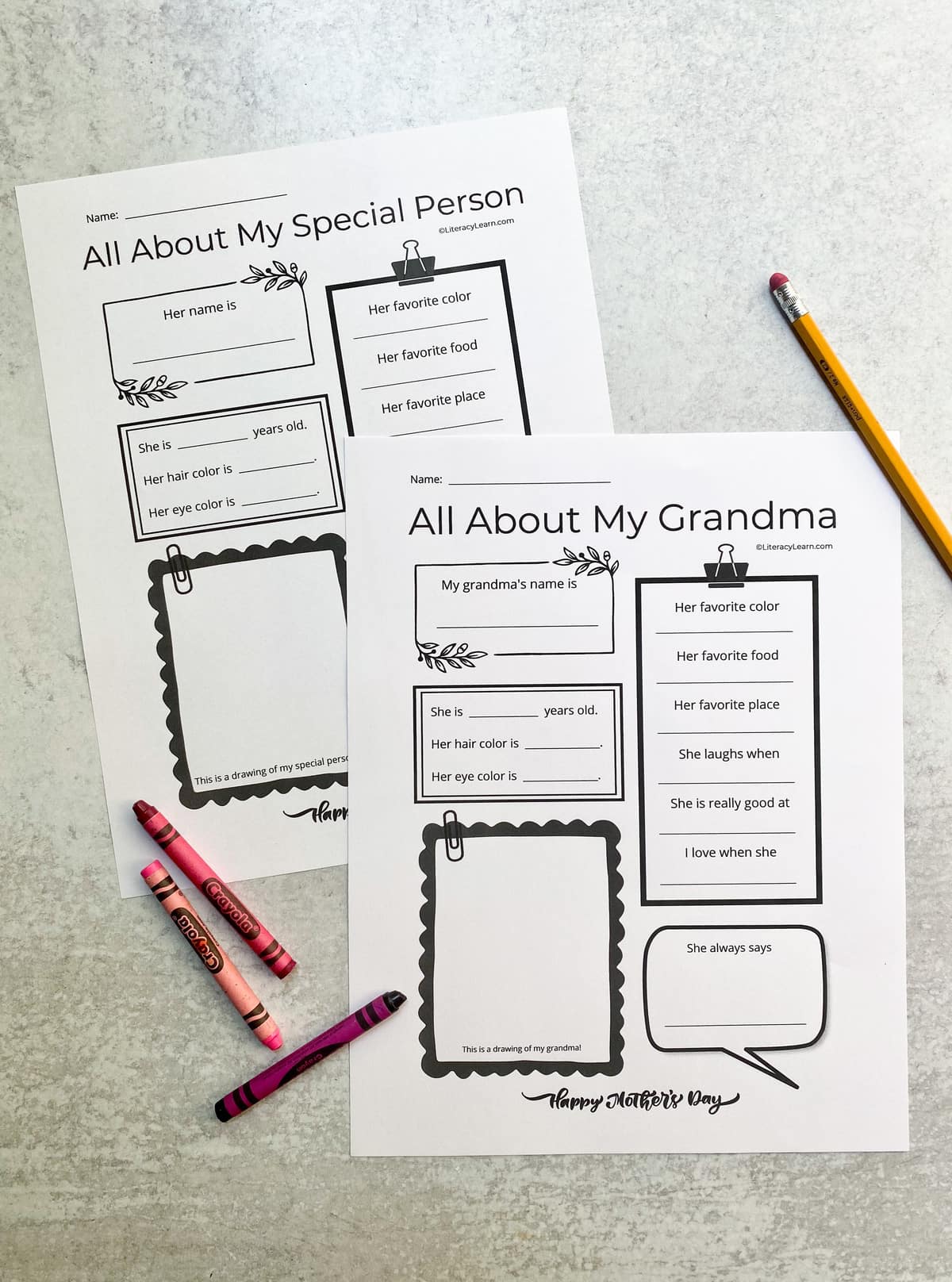 The printed Special Person and Grandma printable laid out with a pencil and crayons. 