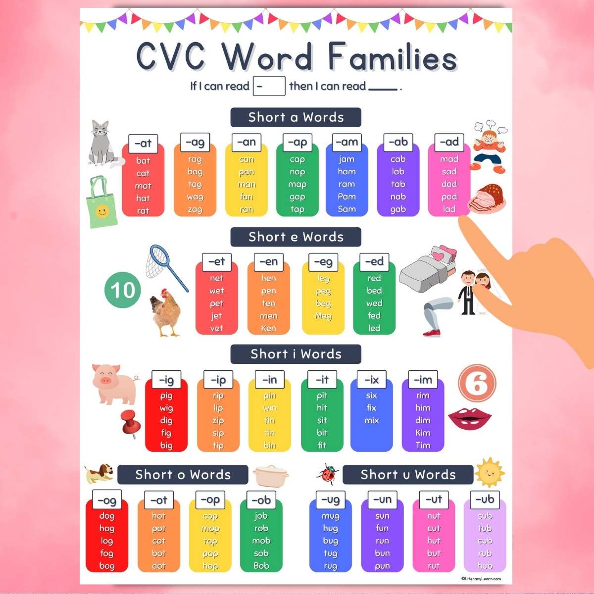 Graphic with the CVC Word Families anchor chart on a pink background. 