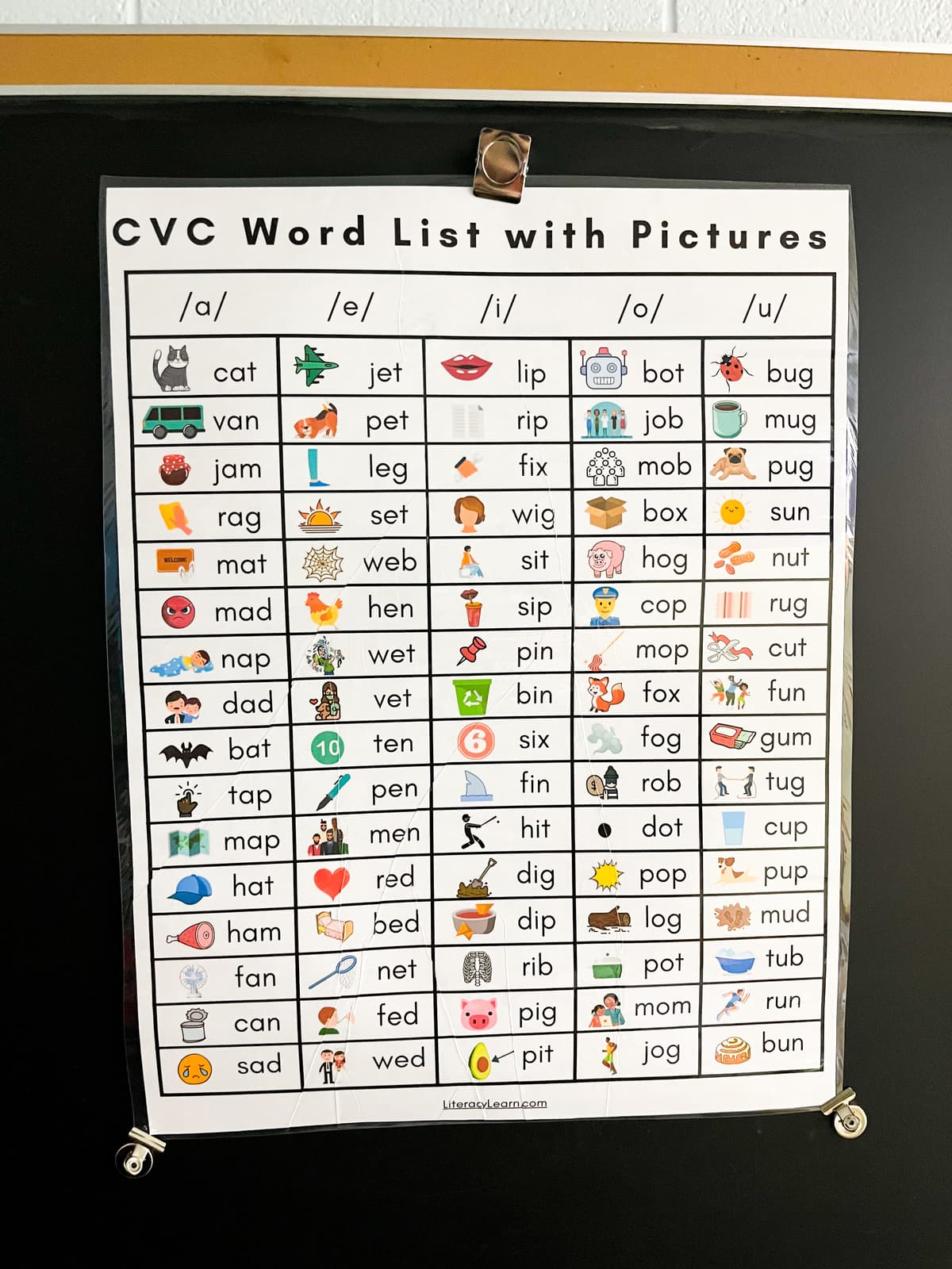 The printable list of CVC words and pictures printed large as a poster. 