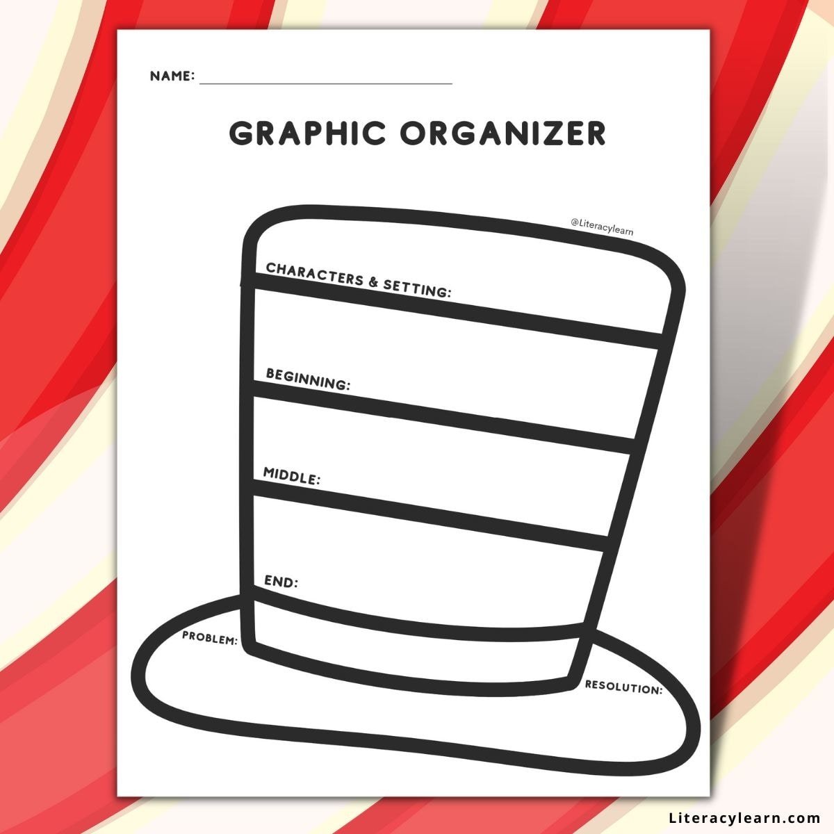 A red & white striped background with plot element graphic organizer like Cat in the Hat.