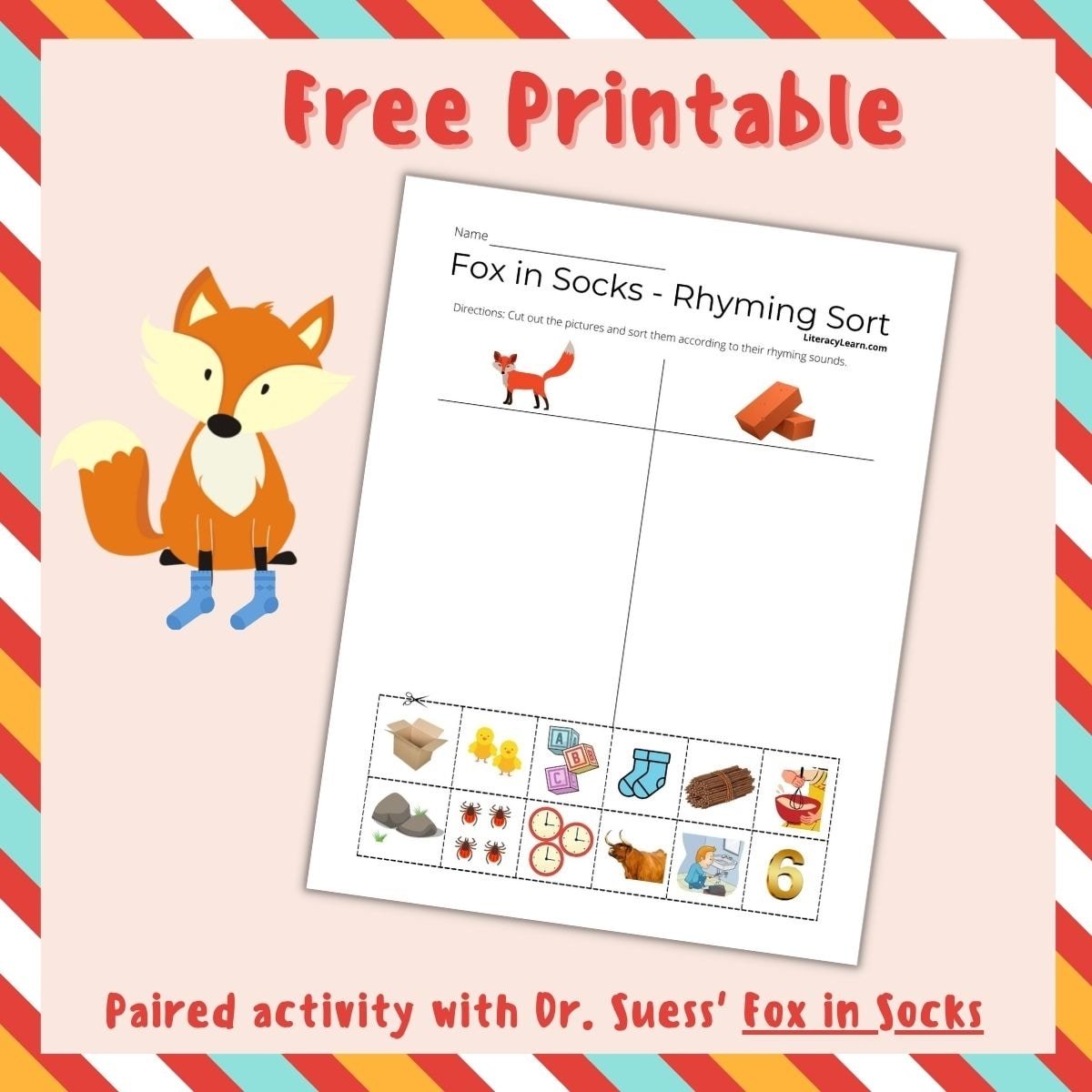 Pink striped graphic featuring rhyming worksheet, fox in socks image, with words 'free printable.'