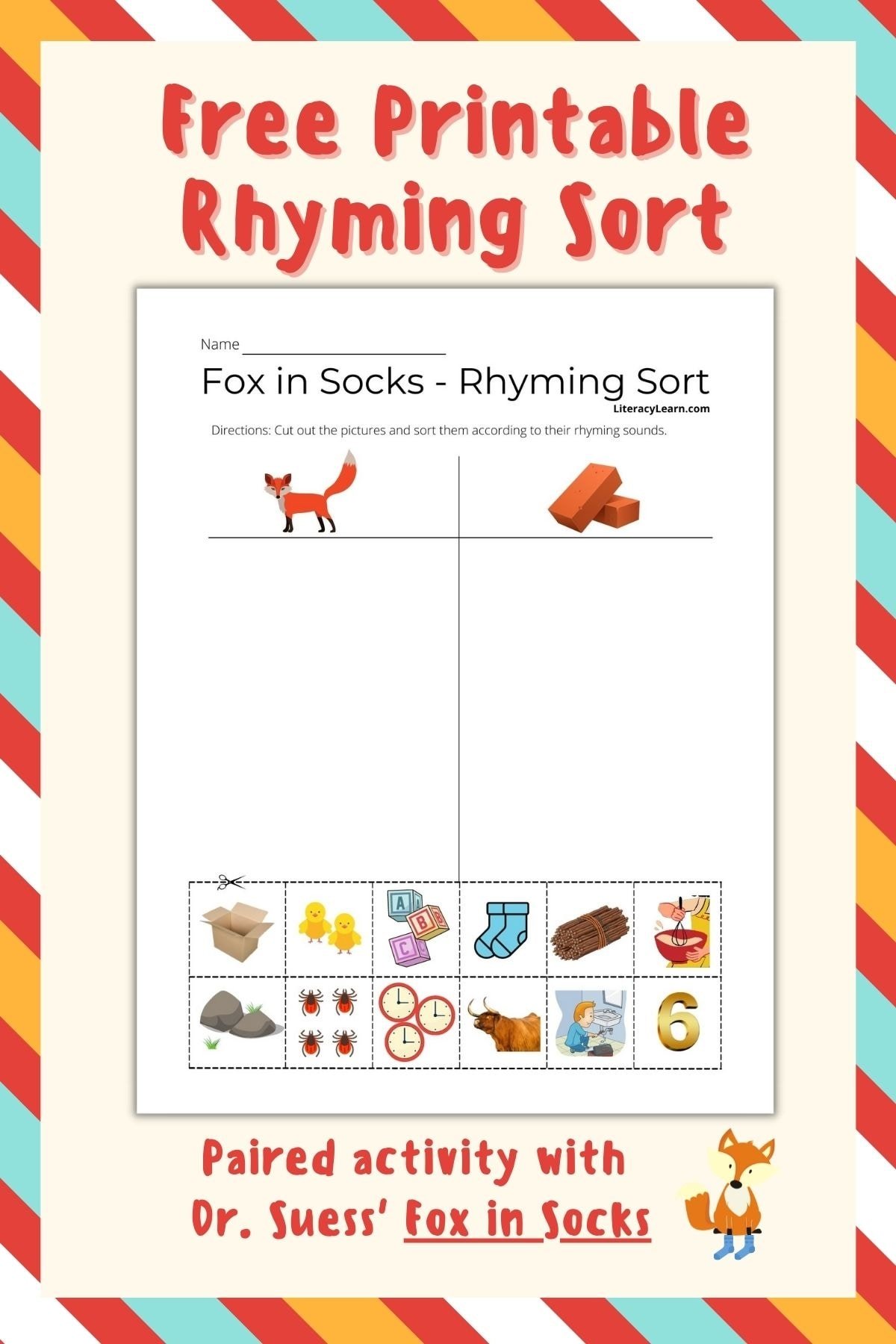 Pink striped graphic featuring with worksheet and words 'free printable Rhyming sort.' 