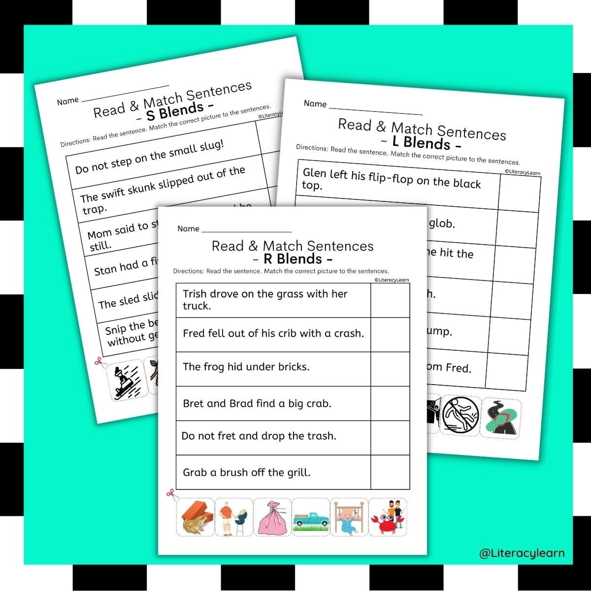 Graphic with a greenn background and L-blends, R-Blends, S Blend Sentences worksheets.