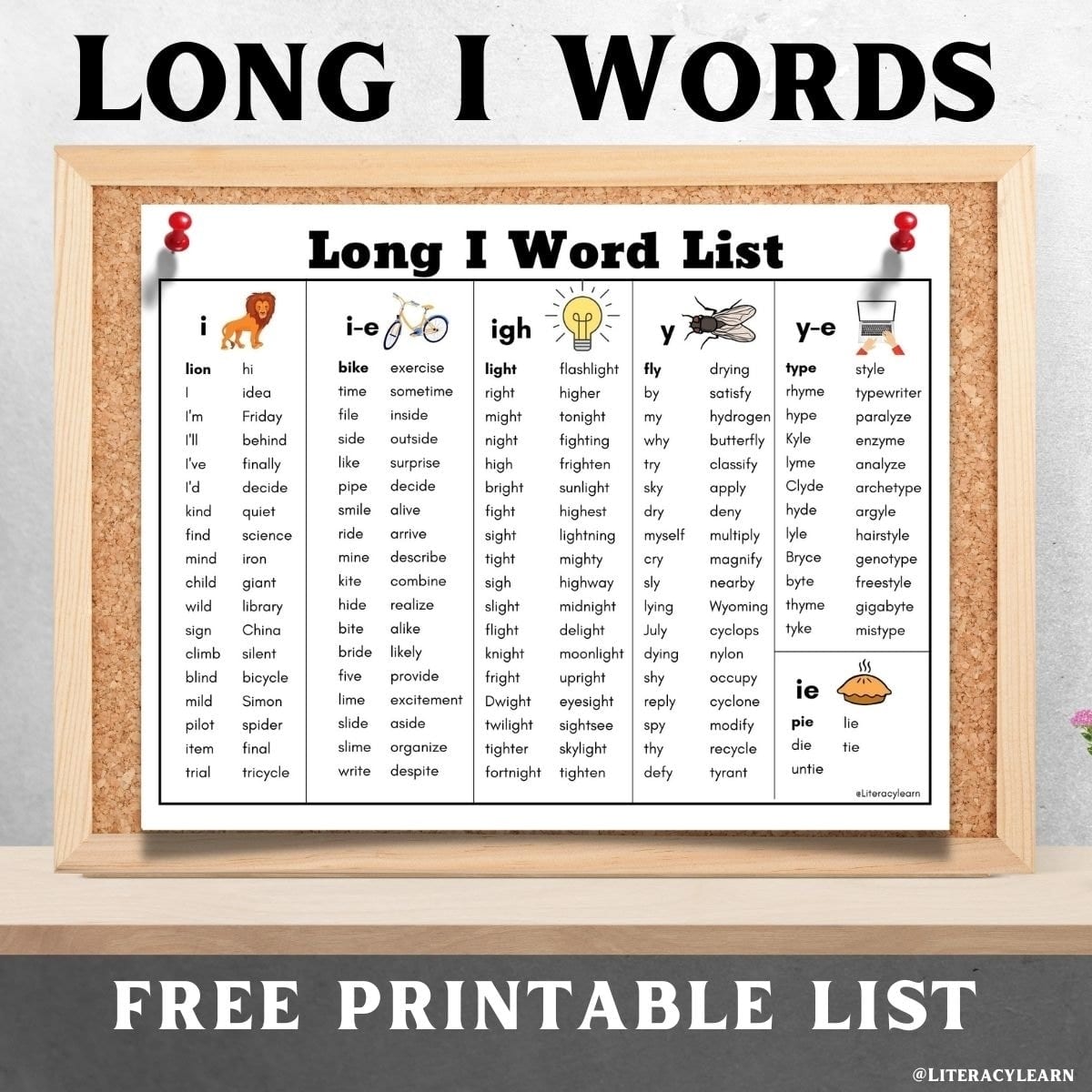 A corkboard with the long I vowel list pinned to it. Words saying "Long I Words."
