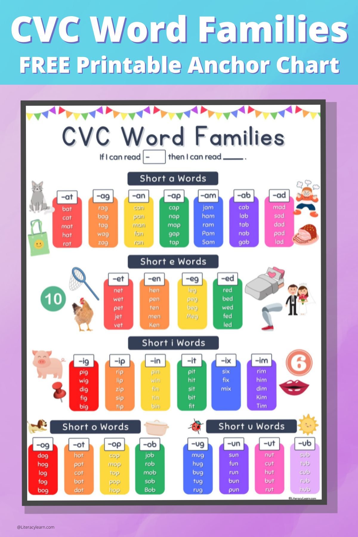 Pinterest graphic with close up of the CVC word families anchor chart. 
