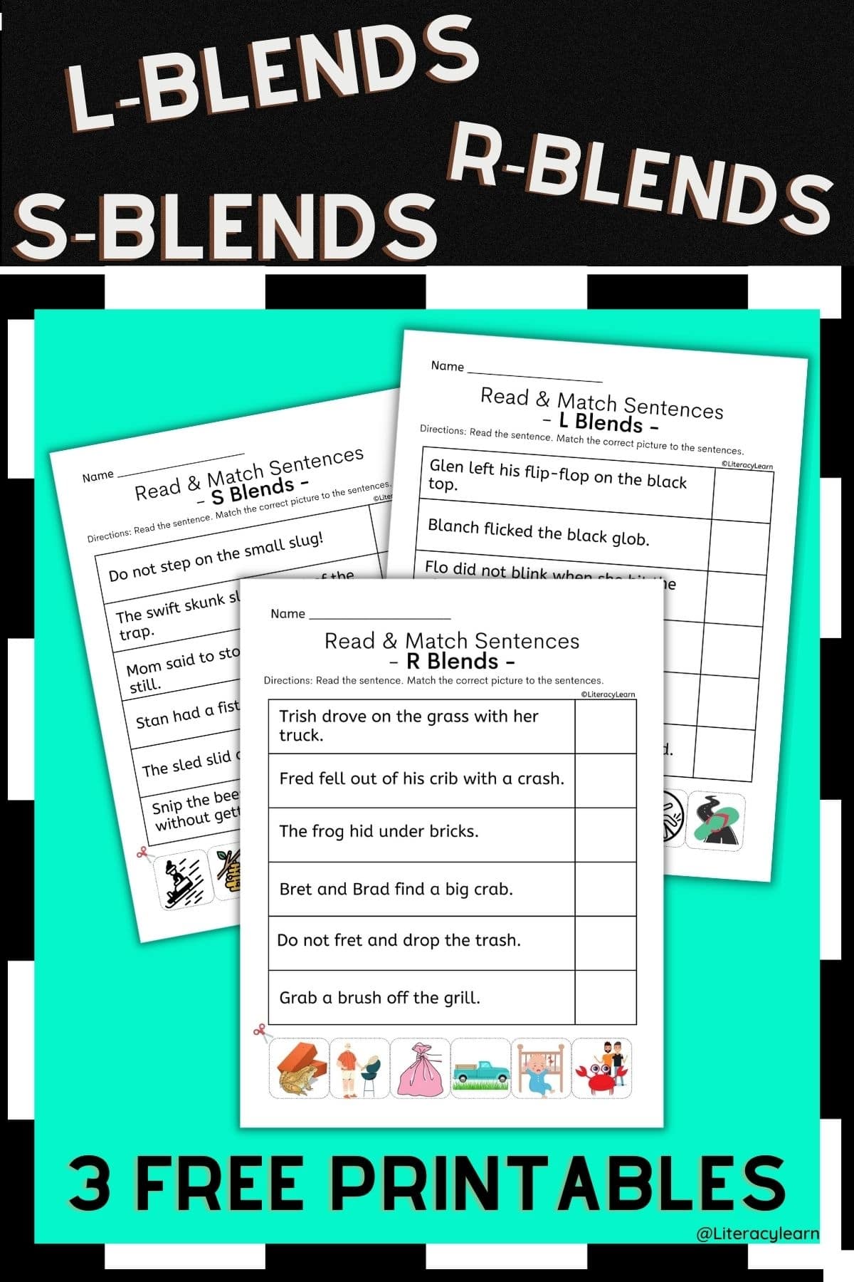 Green and black image with L-blends, R-Blends, S-Blend Sentences worksheets featured. 