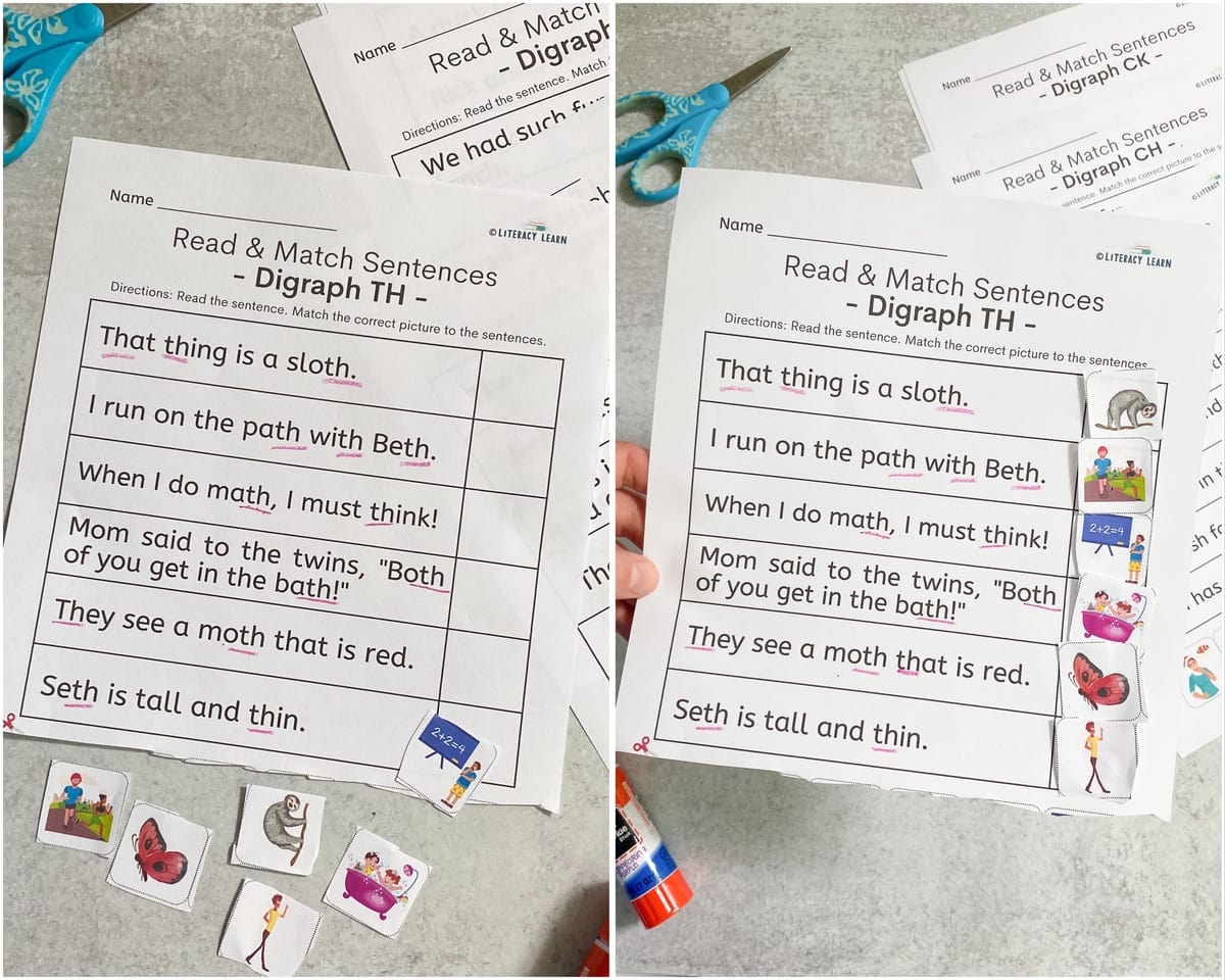 Collage showing the TH digraph sentences worksheets cut and then pasted to match. 