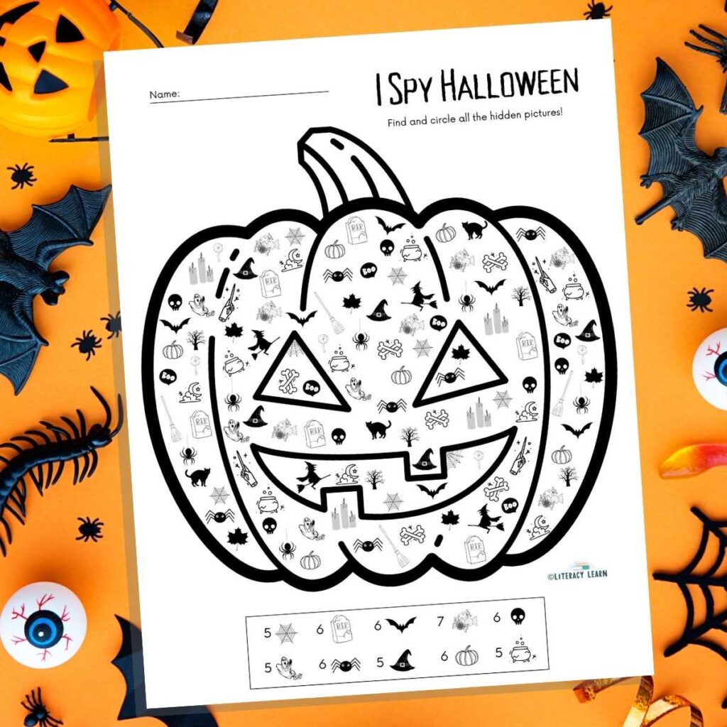 Graphic with the I Spy activity sheet on an orange halloween-themed background.