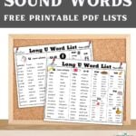 Pinterest graphic with two free printable long u words lists.