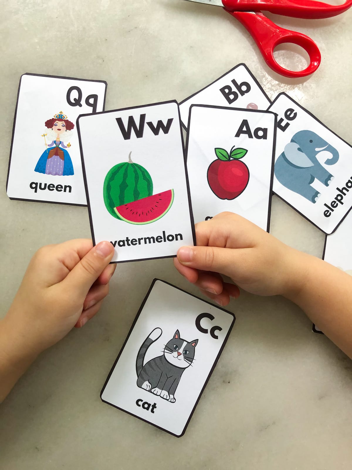 Two child's hands holding with the flashcards.