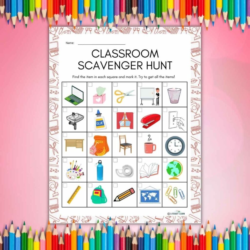 The classroom scavenger hunt worksheet on a pink background surrounded by colored pencils.