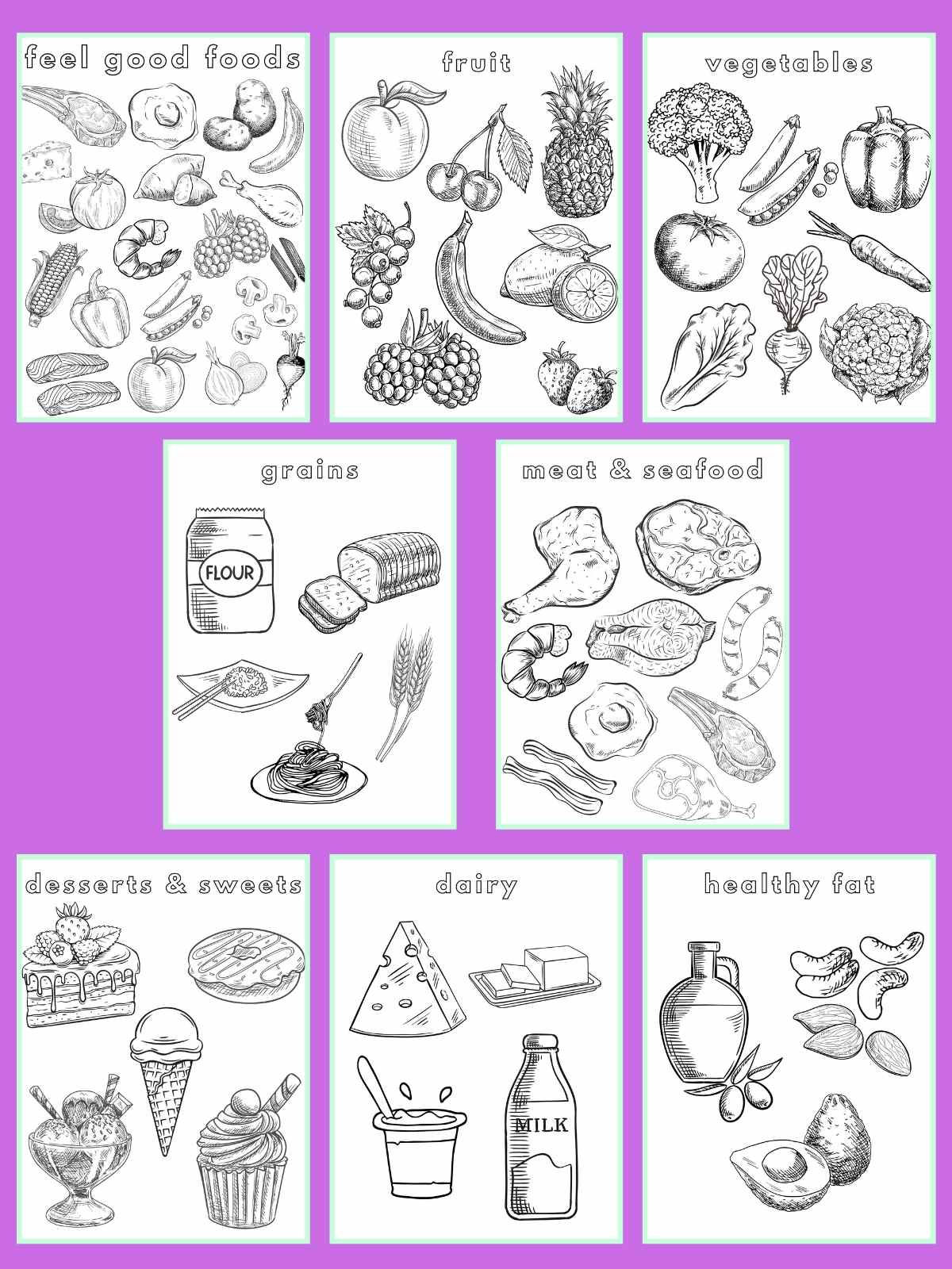 All eight food coloring pages in rows on a bright purple background. 