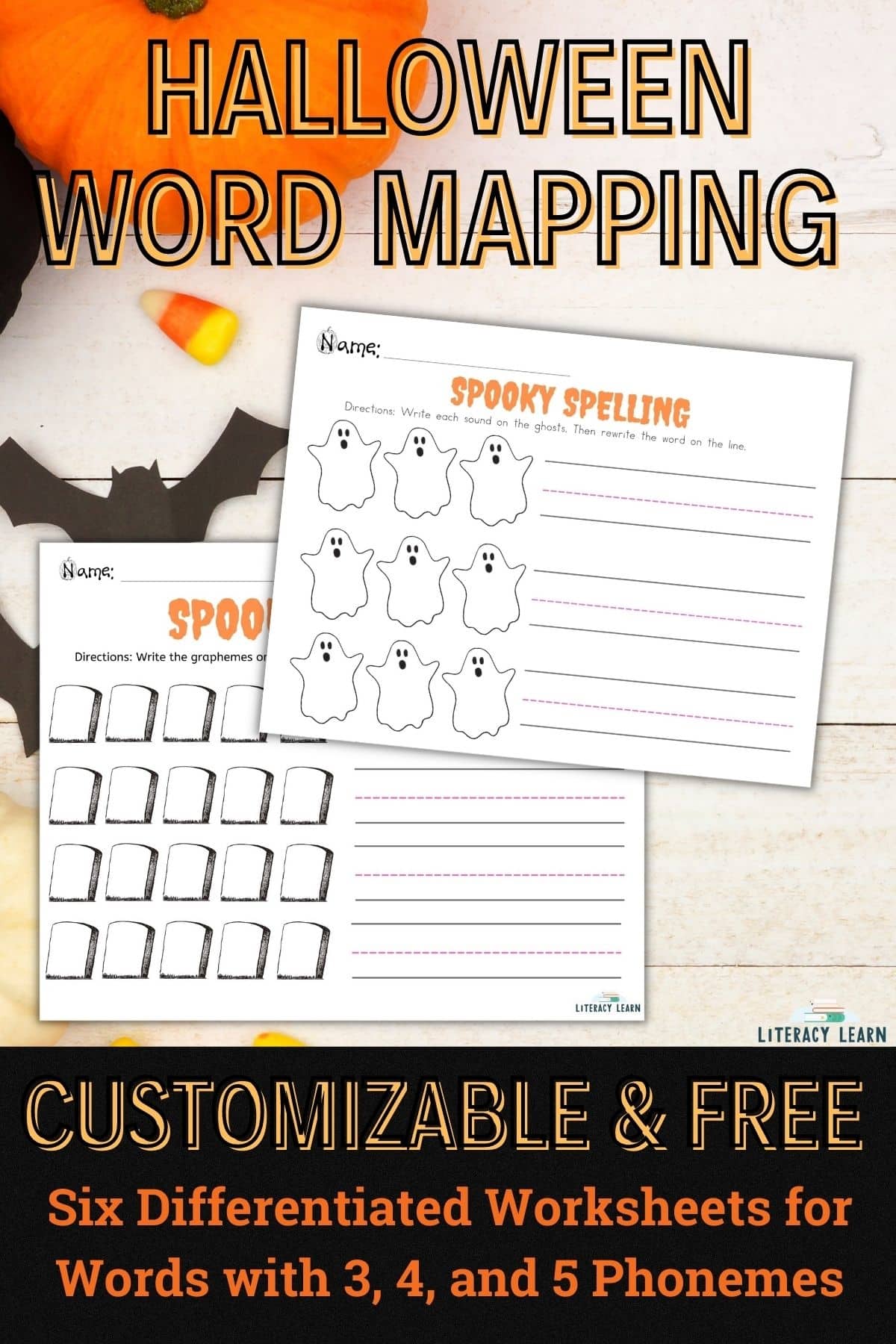 Pinterest graphic with words 'Halloween Word Mapping" showing two Halloween worksheets on a Halloween background.