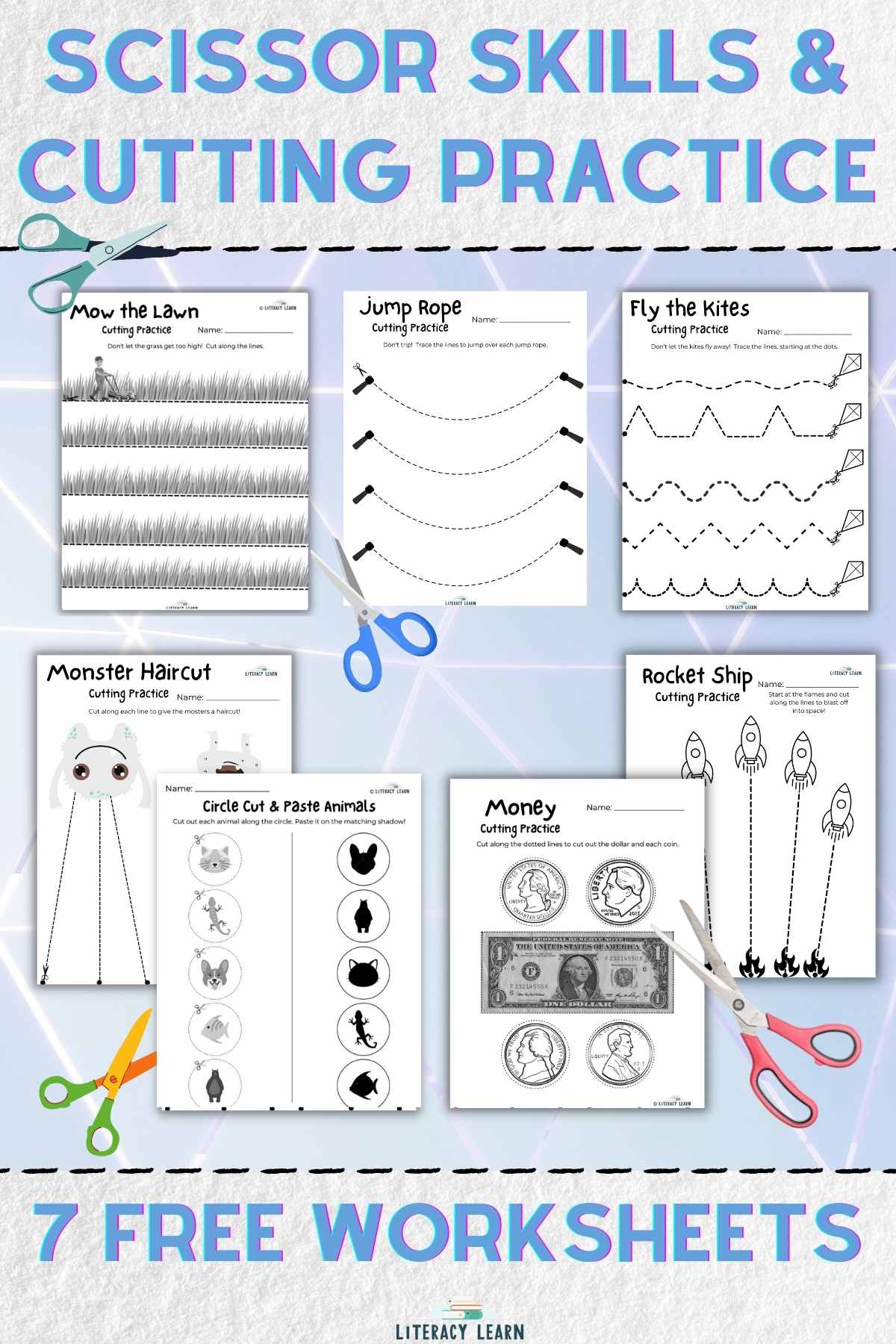Graphic showing 7 worksheets,
scissors, and text saying 'Scissors Skills/Cutting Practice: 7 Free Activities.'