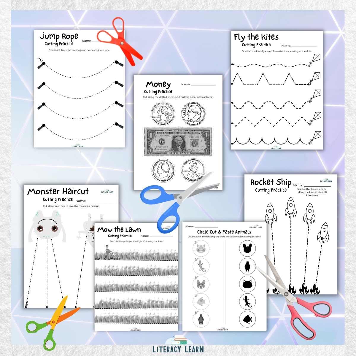 Seven worksheets on a blue background with scissors.