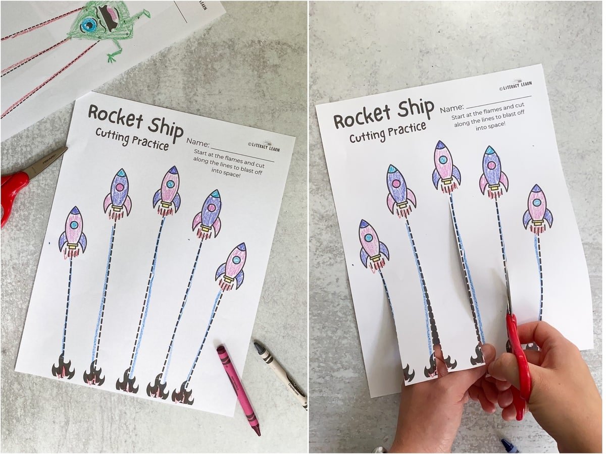 Collage showing the rocket ship worksheet and hands using scissors to cut the dotted lines. 