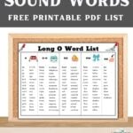 Colorful graphic of long o words list on a bulletin board.