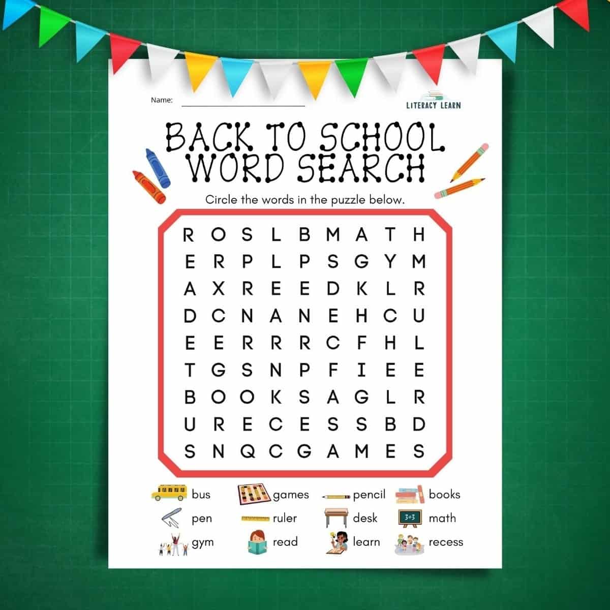 Green background with back to school word search featured. Multi-colored flags at the top.