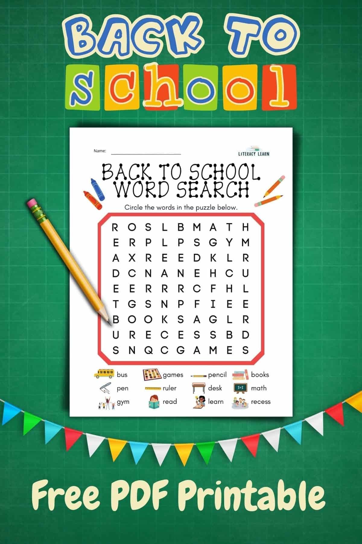 Pinterest graphic with the back to school word search on a green background. 
