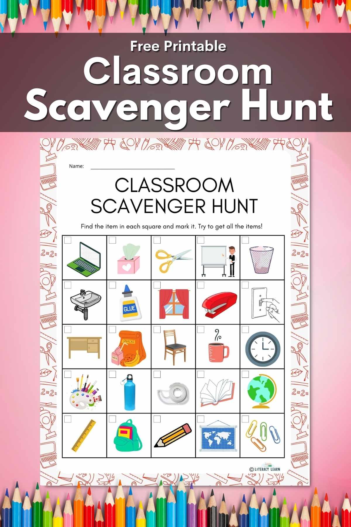 Graphic with the printable classroom scavenger hunt on a bright pink background. 