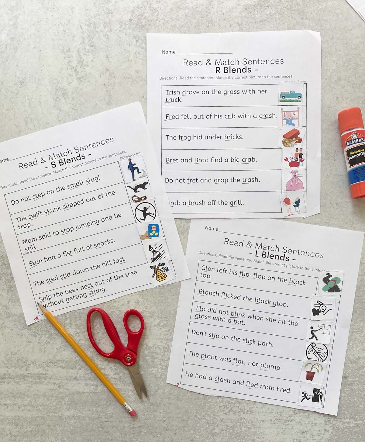 Three completed blends worksheets with a glue stick and scissors. 