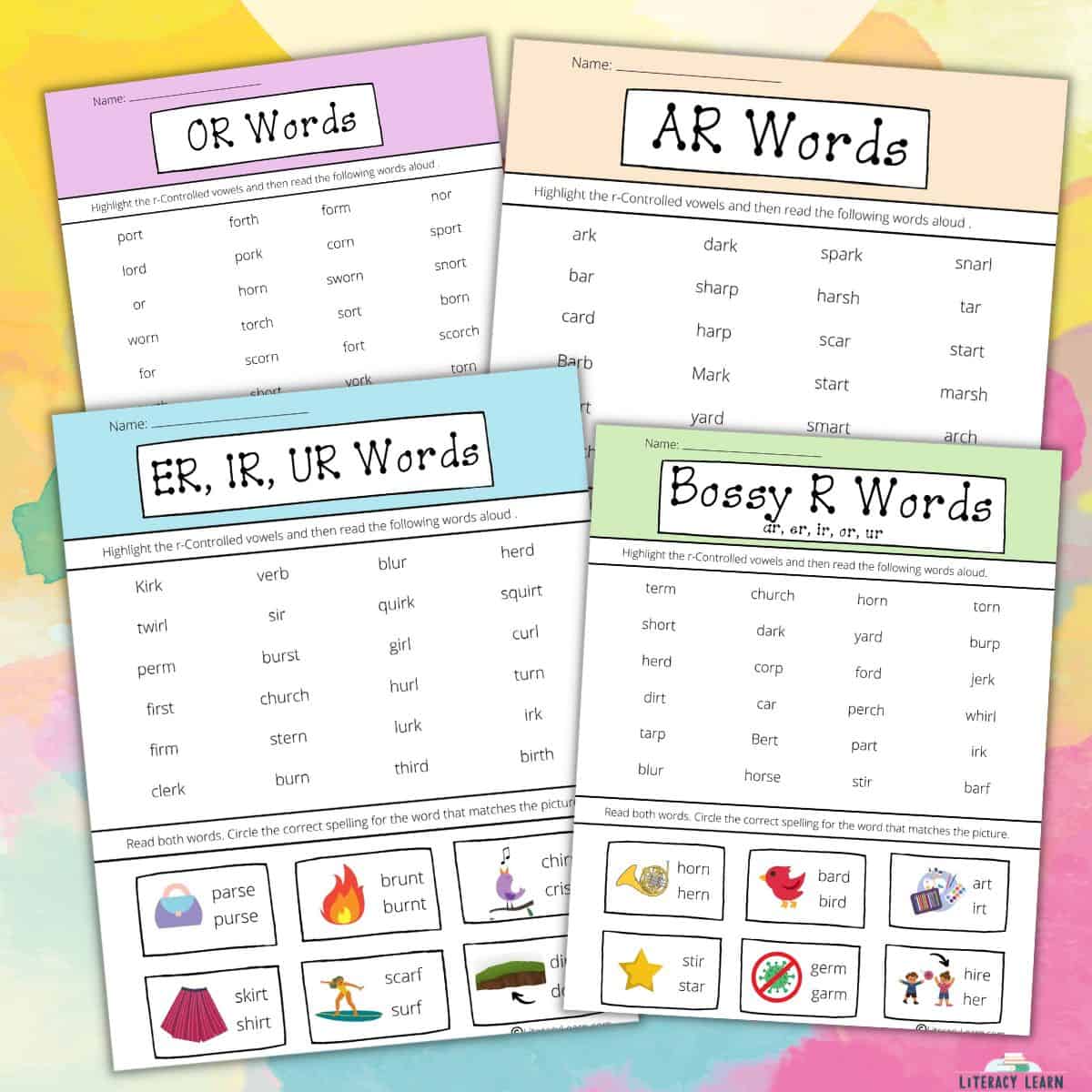 Bright background displaying the four worksheets for r-controlled vowel practice.