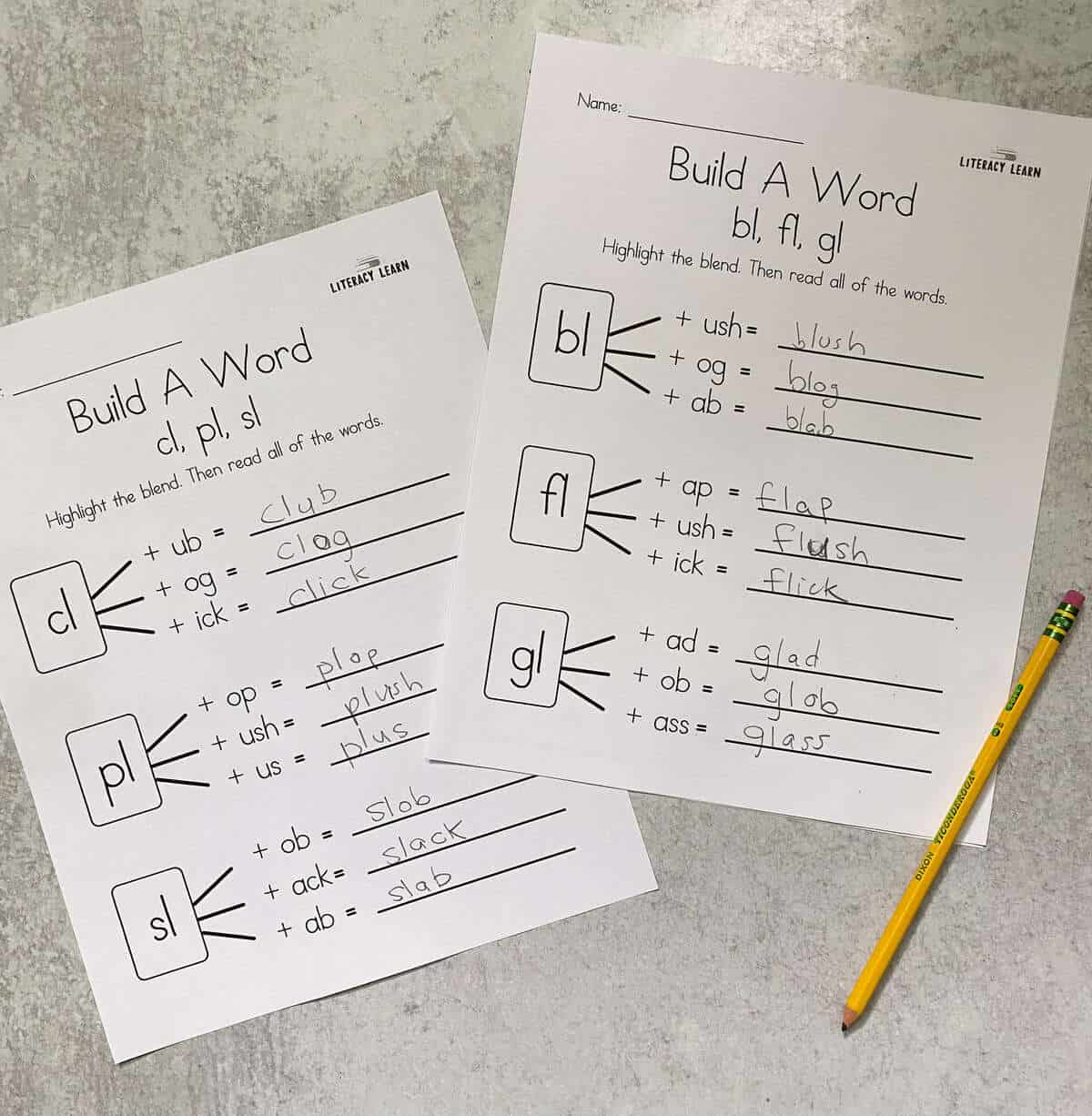 Two build-a-word L blend worksheets with a pencil. 