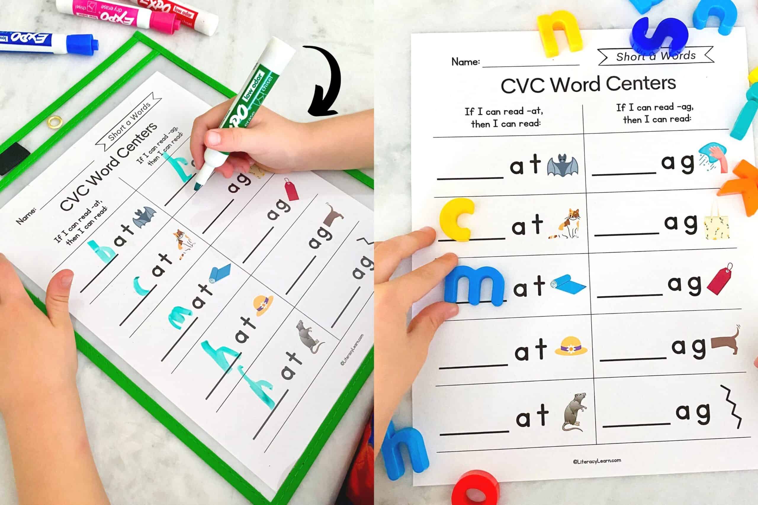 Collage showing students completing the CVC word centers worksheets.