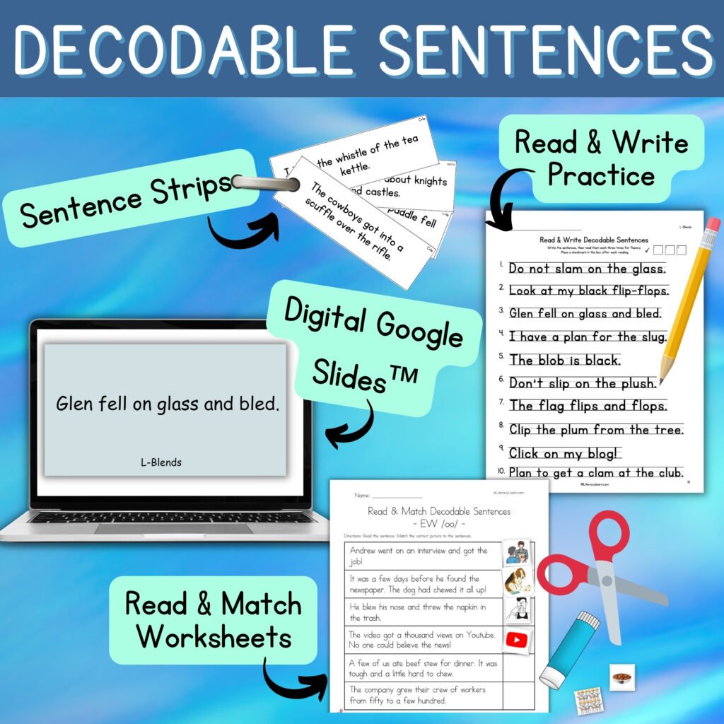 Colorful graphic with decodable sentences resource worksheets for sale.
