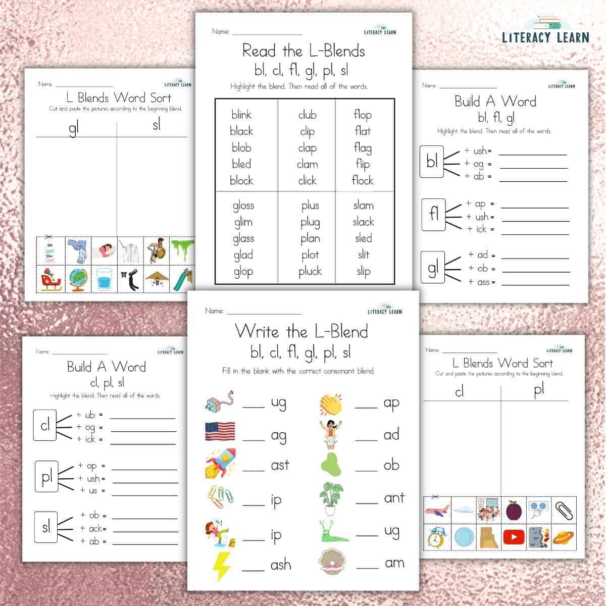 Pink graphic with 6 L-Blends worksheets.