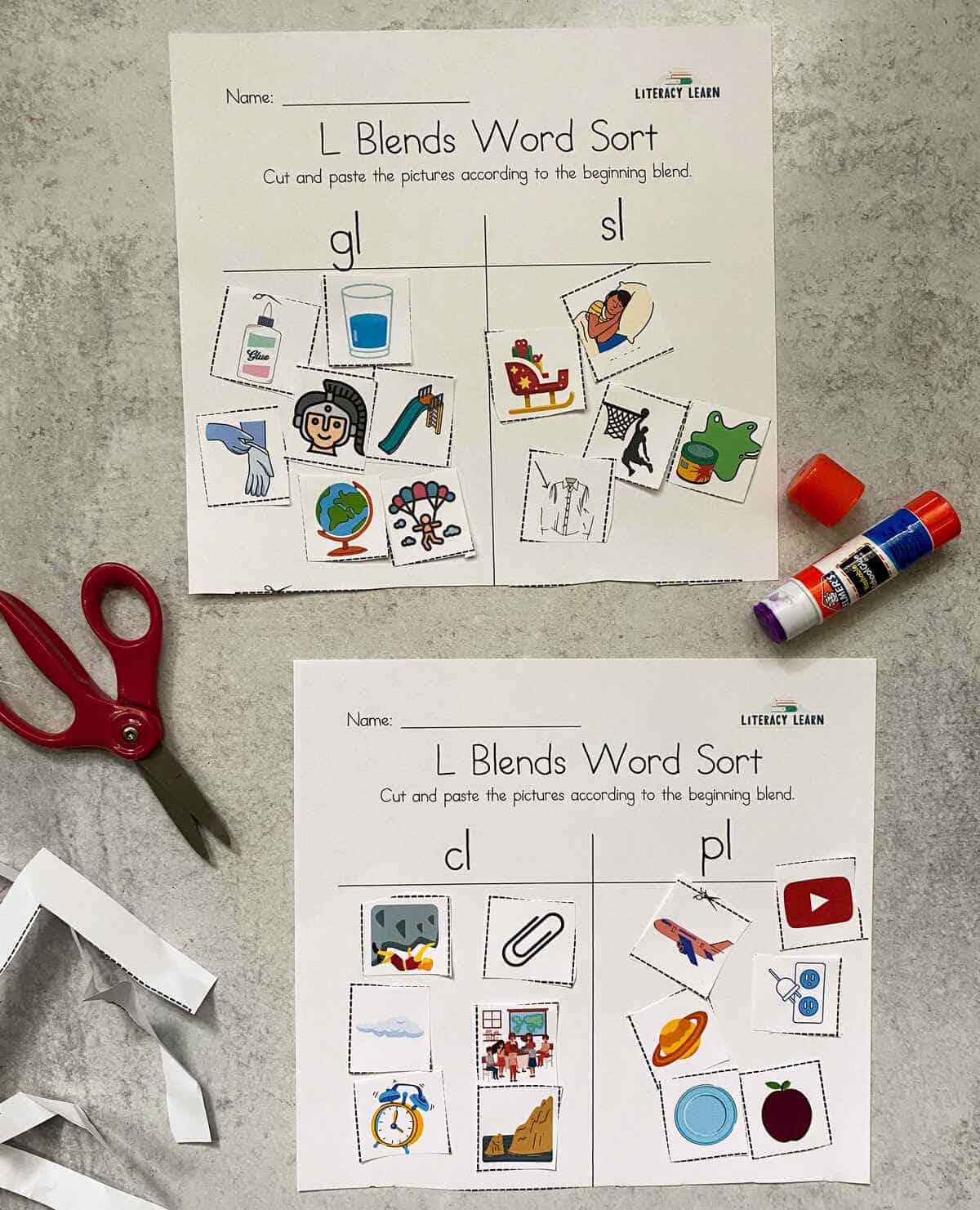 Two finished L-Blend word and picture sort worksheets. 