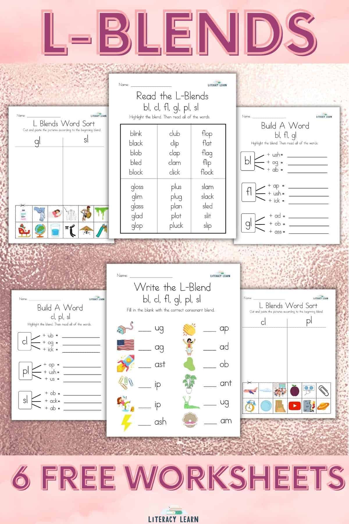 Sparkly pink graphic with 6 l-blends worksheets.