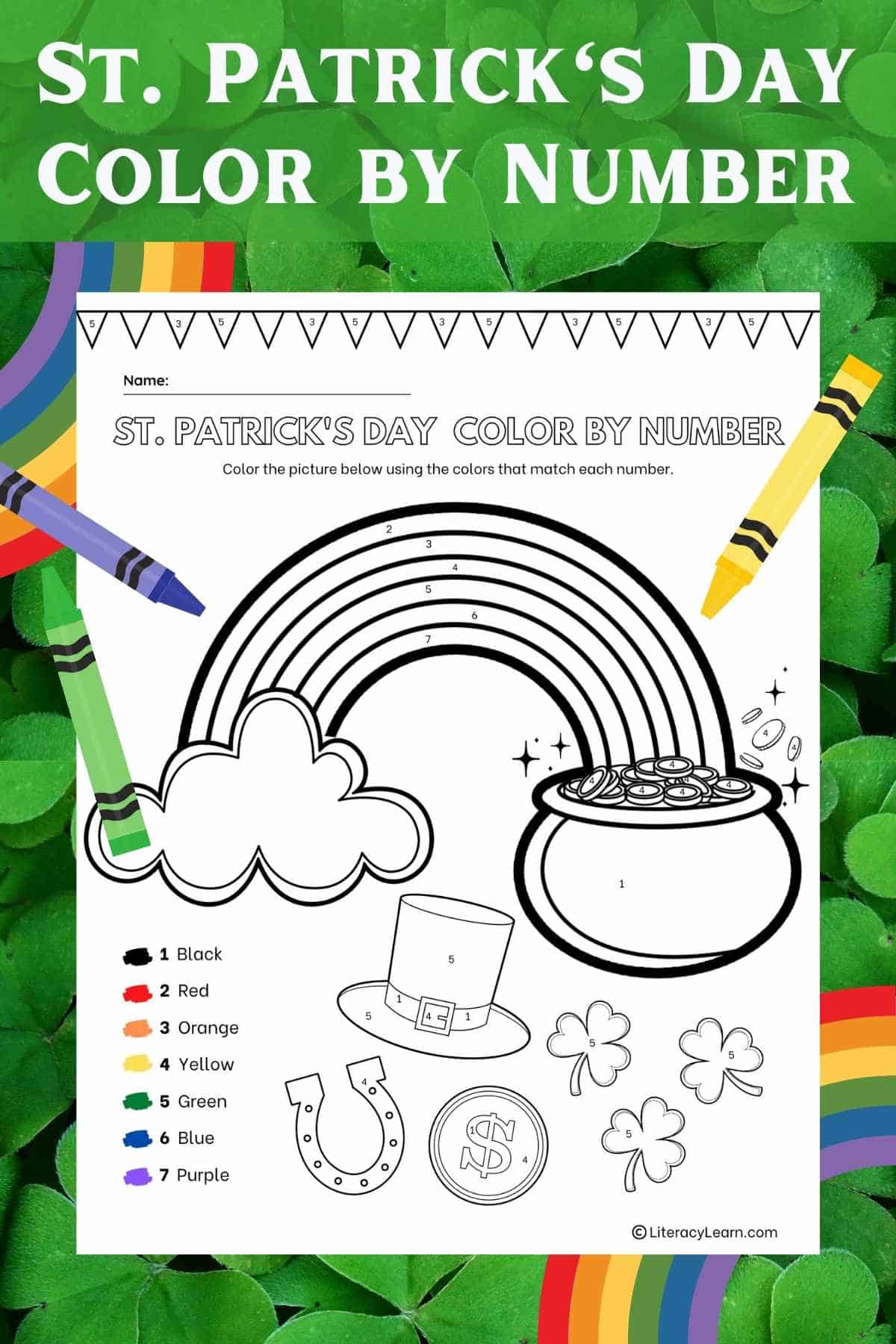 Pinterest graphic with the color by number worksheet on a green and rainbow background.