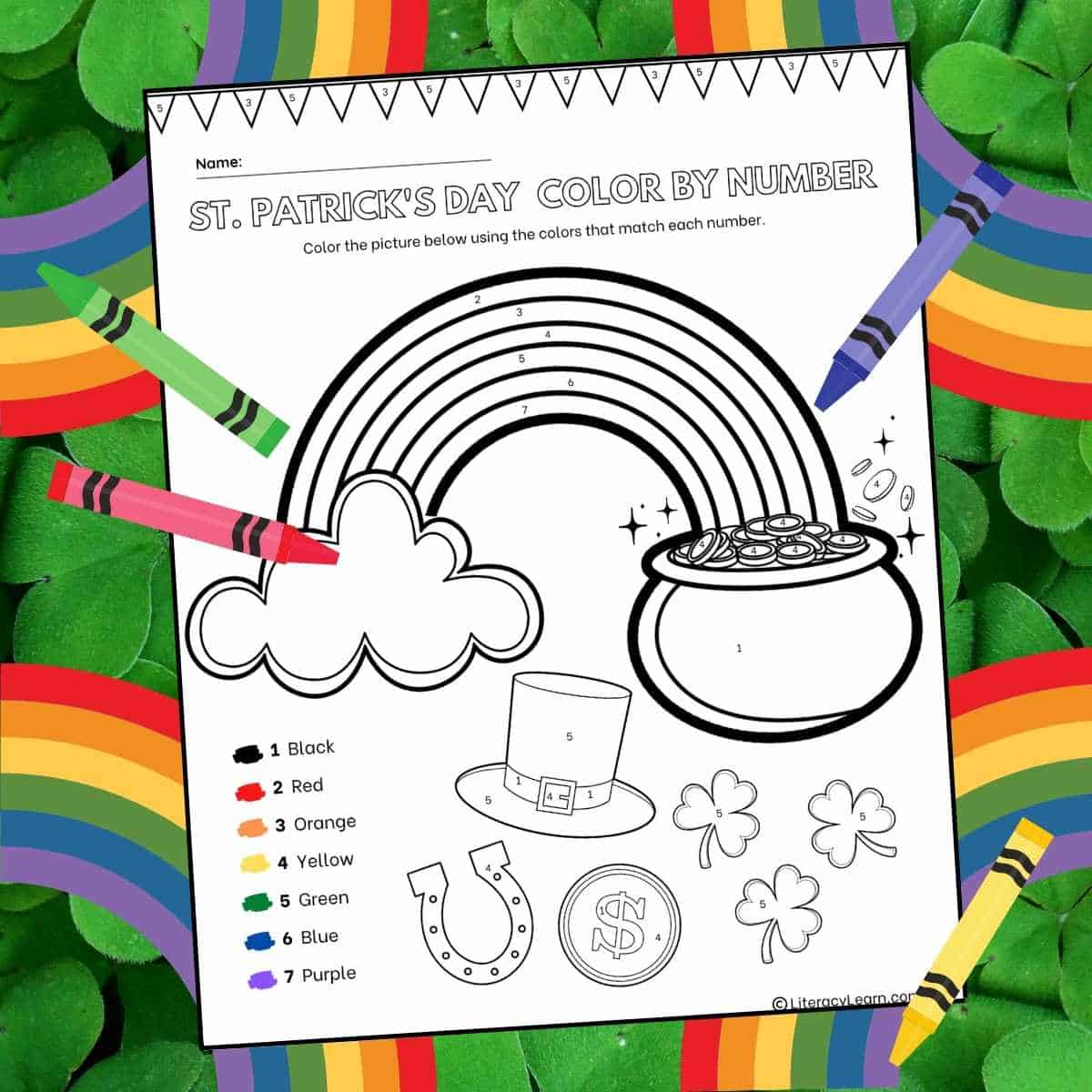 Graphic with the St. Patrick's Day color by number worksheet on a shamrock & rainbow background.