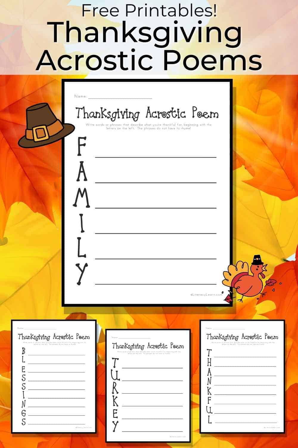 Pinterest graphic with 4 printable Thanksgiving acrostic poems. 