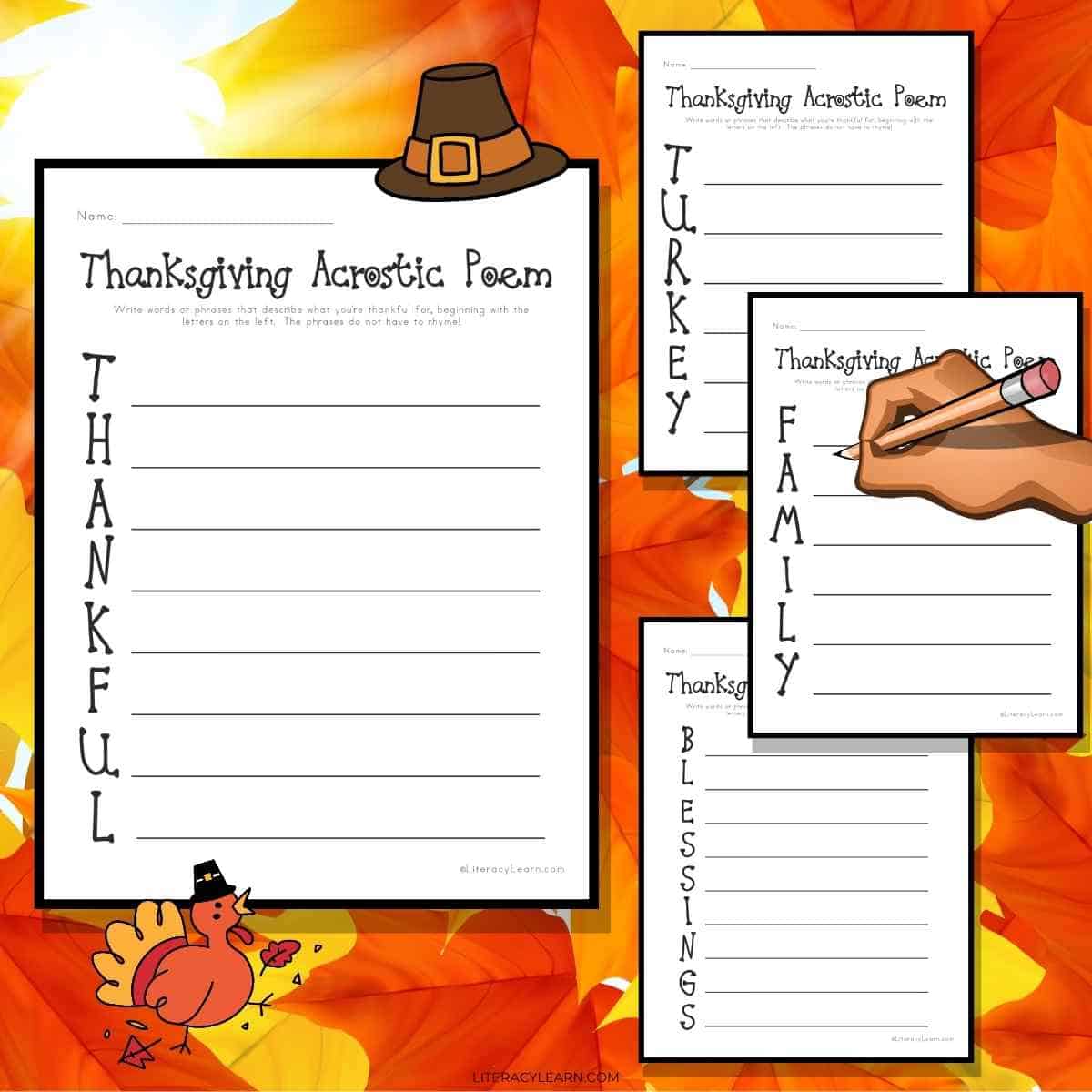 Graphic with four acrostic worksheets on an autumn leaf background. 