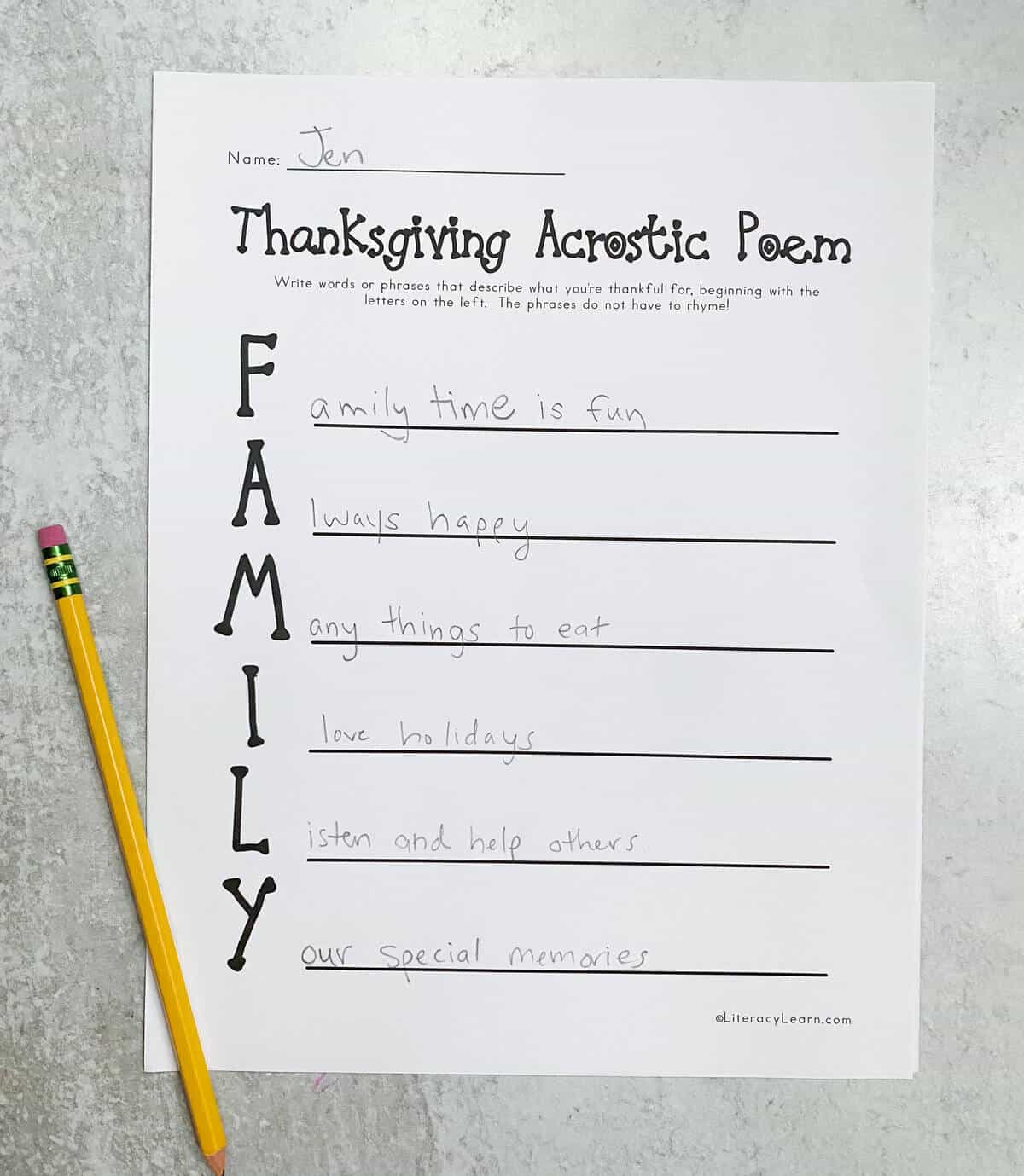 A printed "Family" Thanksgiving acrostic poem worksheet. 
