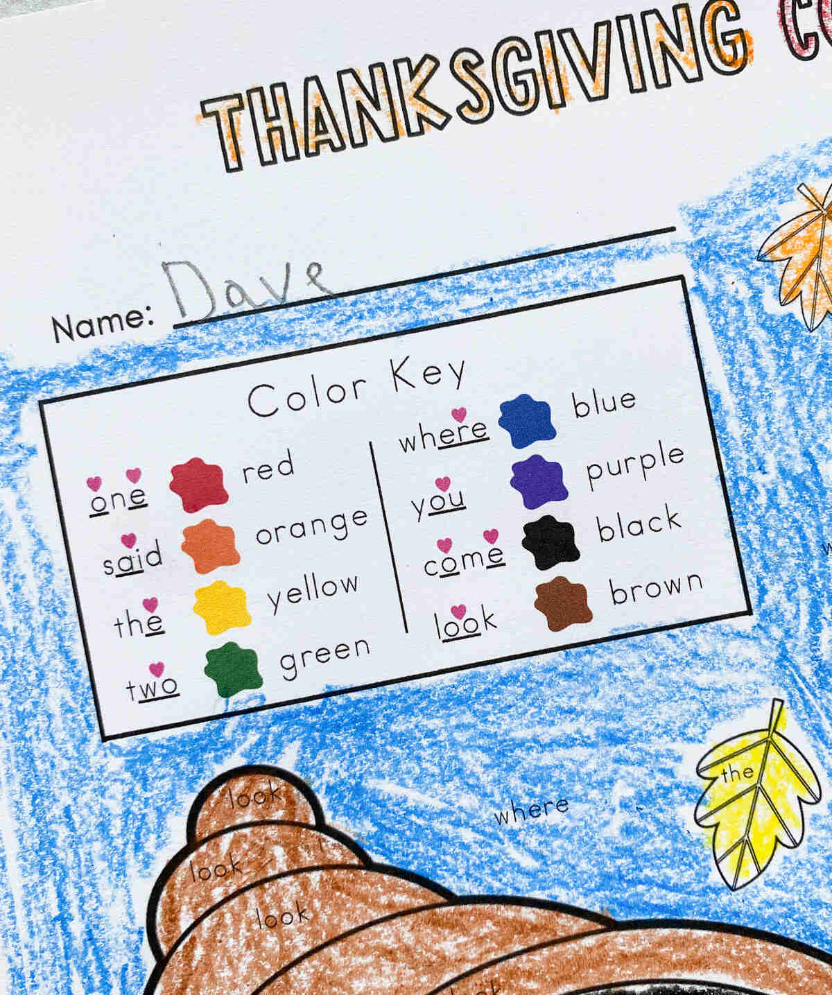 Close up of the color key with coded heart words. 