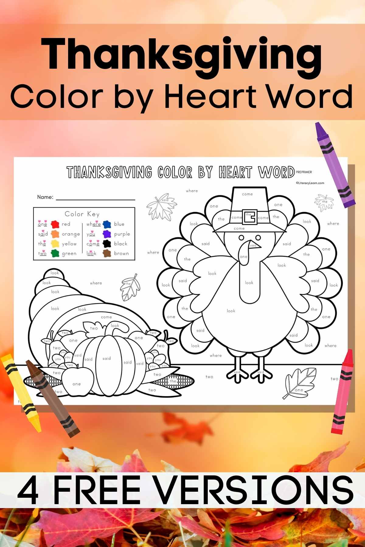 Pinterest graphic with one of the Thanksgiving printable color-by-heart-word worksheets. 