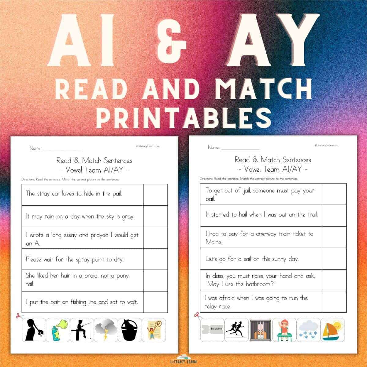 Graphic with 2 worksheets and large block letter title saying "AI and AY Words."