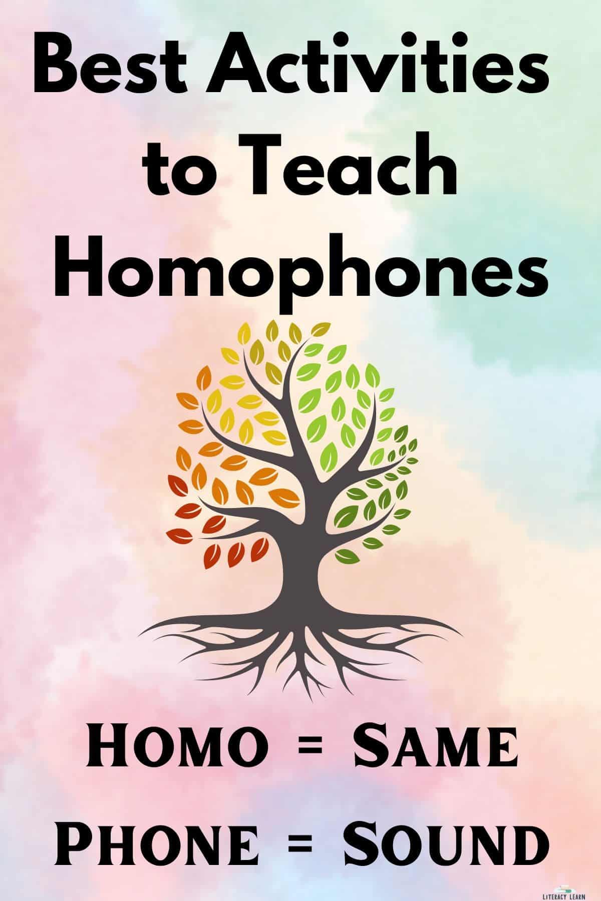 A tie-dye background with a tree and text "Best Activities to Teach Homophones" graphic for pinterest