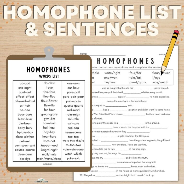 Common Homophone List and Sentences