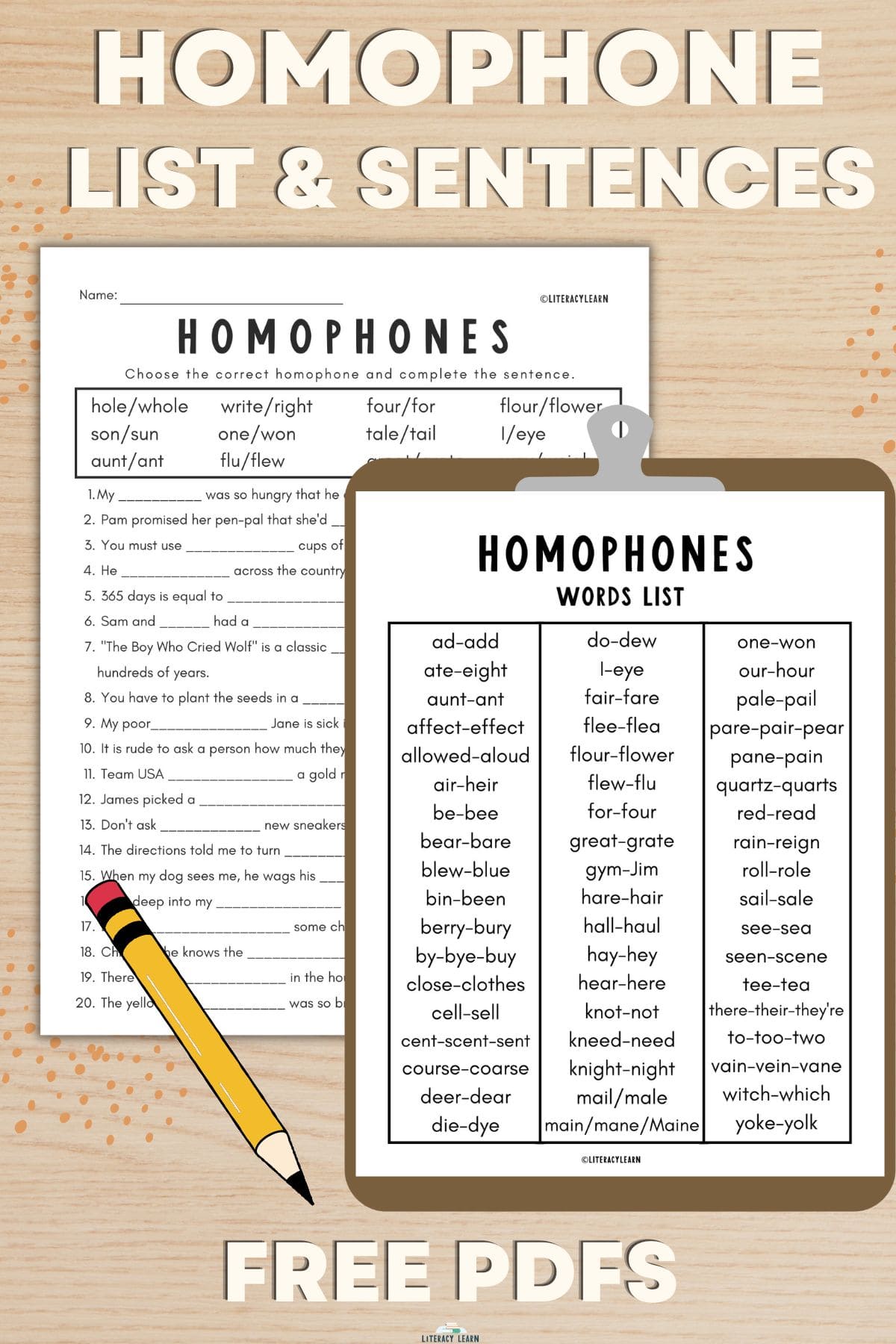 Pinterest graphic with two sample worksheets of the homophone list & sentences text stating "free pdfs."