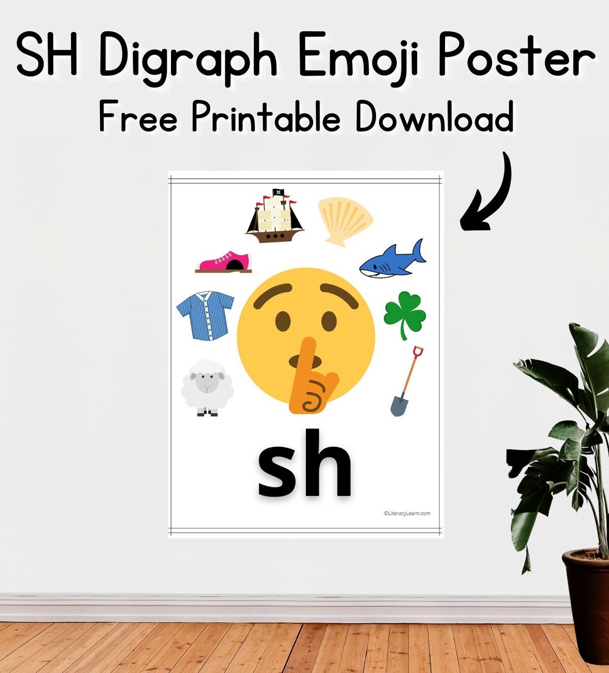 Graphic with a colorful poster on a wall showing a large sh emoji and sh pictures. 