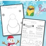 Pinterest graphic with snowman glyph printables, scissors, crayons, and a cartoon snowman.