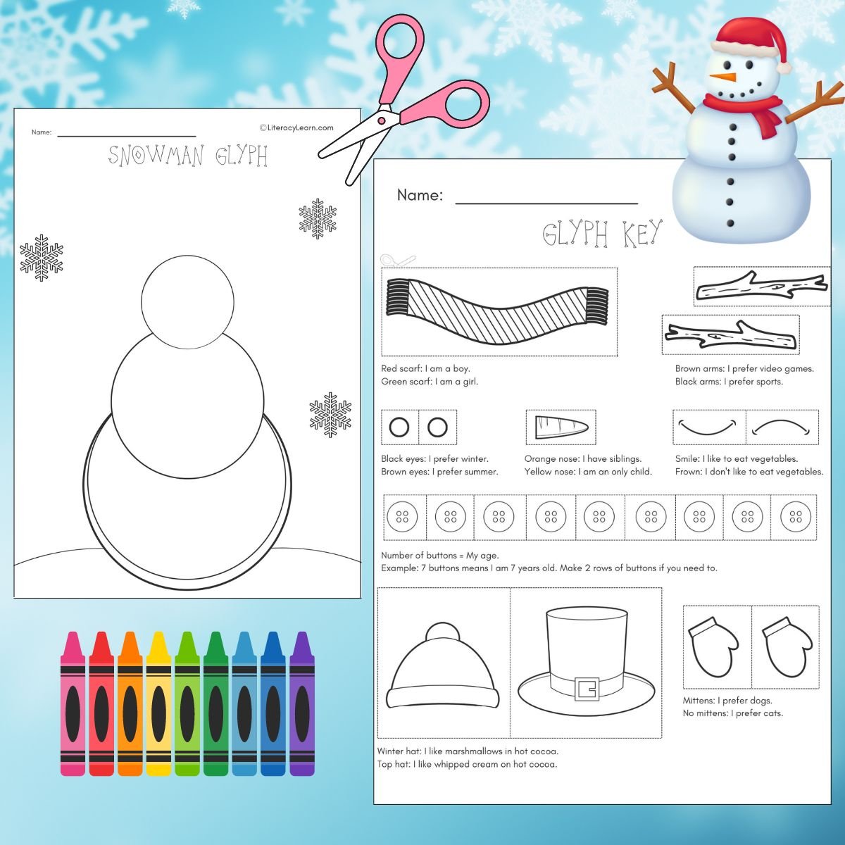 Graphic with a printable snowman glyph and glyph key with crayons and scissors.