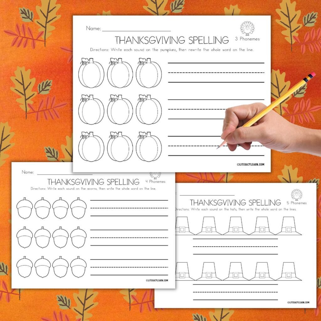 Graphic with three Thanksgiving word mapping worksheets on an orange background.