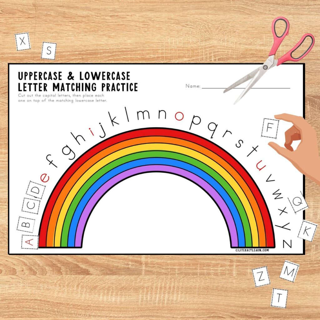 Graphic with rainbow-themed uppercase and lowercase letter matching worksheet.